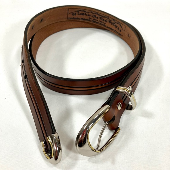 Leather the Real McCoy (Gary McCoy) Brown Leather Belt Mens Sz 39 Silver Buckle - Picture 1 of 11